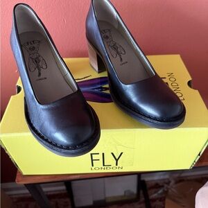 Fly London Black Leather Heels Simple Slip-On Design